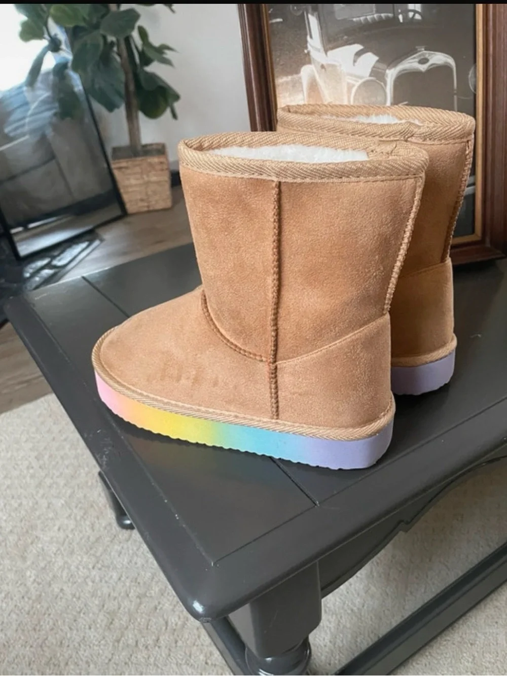 fabkids Tan Suede-Look Boots with Pink Platform Sole